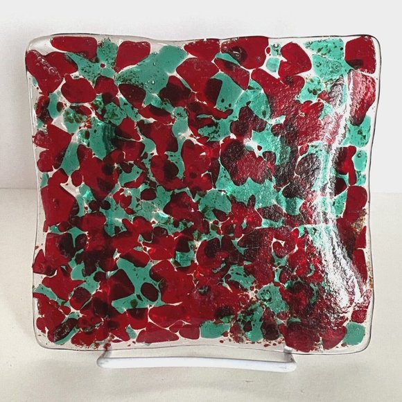 Fused Art Glass Trinket Tray Ring Dish Catch All Cranberry Red Mint Green 6x6.5 - Picture 3 of 6